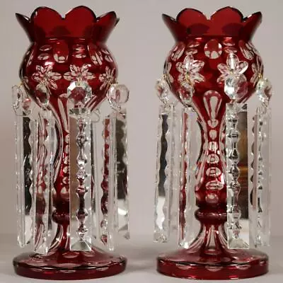 Buy ANTIQUE BOHEMIAN CUT CRANBERRY GLASS MANTEL LUSTRES Matching Pair PRISM CRYSTALS • 285£