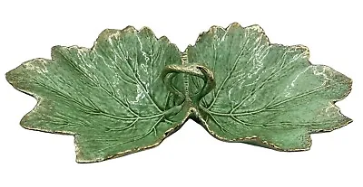 Buy Vintage Mid Century California Pottery Leaf Serving Dish Handle Green Gold USA • 14.17£