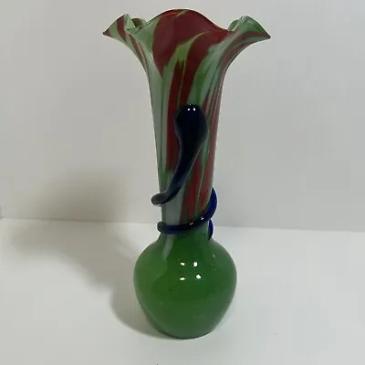 Buy Vintage Kralik Czech Art Glass Green Red Vase Blue Wrap Around Handles • 56.65£