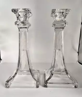 Buy Vintage Pair Of Etched Clear Glass Candleholders W/Square Base - 7.5  High • 16.58£