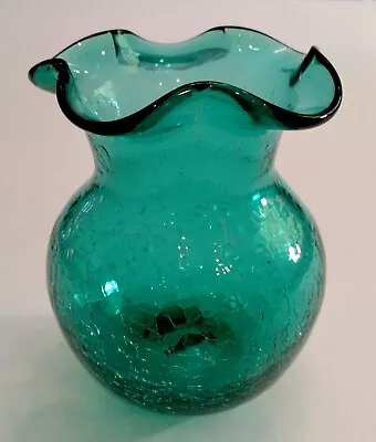 Buy Vintage Rainbow Crackle Glass Vase, Ruffled Top, Teal/Green, 4-3/4” Tall • 11.31£