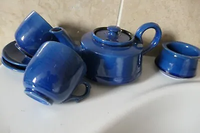 Buy Ch Brannan Royal Barumware Royal Blue Pottery  Teapot, Sugar +2 Cups/saucers Set • 34£