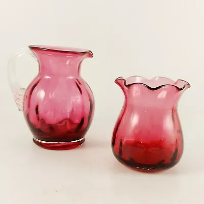 Buy Cranberry Coloured Glass Jug / Creamer & Vase • 19.99£