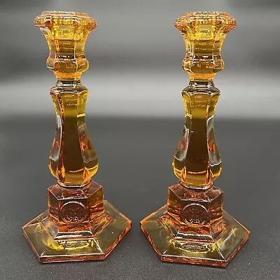 Buy Glowing Amber 8  Tall Fostoria Coin Glass Candlestick Pair Candle Holders • 85.34£