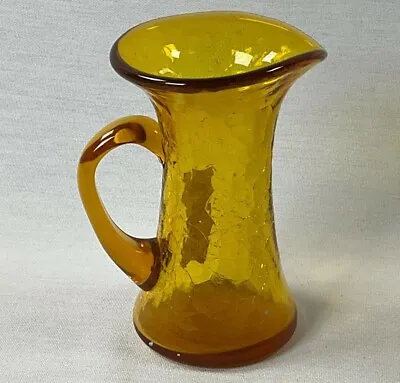 Buy Amber Hand Blown Crackle Glass Pitchers Vase W/ Applied Handles Vintage MCM • 11.41£
