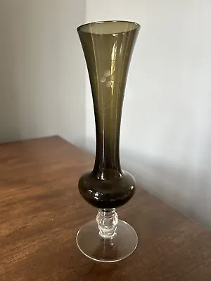 Buy VINTAGE C.1970s Smokey Glass Floral Engraved Stem Vase • 10£