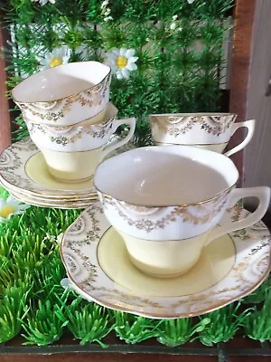 Buy Vintage Diane Pottery Longton UK 4 Teacups & 5 Saucers Lemon White & Gold • 8£