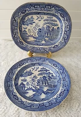 Buy B&D Stoneware Early 19th Century Blue Willow Pattern Platter And Plate  • 40£