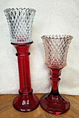 Buy 2 Indiana Glass Ruby Red Candlesticks Candle Holders Pink Homco Diamond Votive  • 17.25£