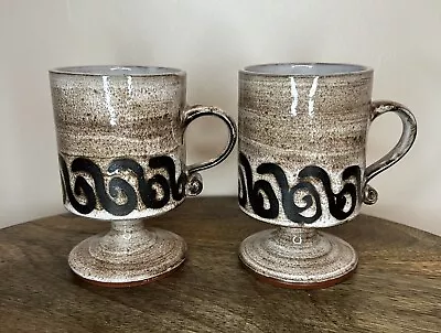 Buy 2 Briglin Studio Art Pottery Footed Handled Cups Mugs Goblets Brown Wavy Design • 14.99£
