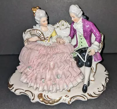 Buy Vintage Porcelain Dresden Pink Lace Courting Couple Figurine Sitting On Settee • 86.40£