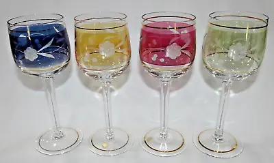 Buy Bohemian Hungary Cut To Clear Multi-Colored Set Of 4 Wine Globlet Glasses 6 Oz • 95.89£