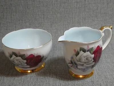 Buy Queen Anne Bone China England  Duet  Rose Sugar Bowl & Creamer Jug • 19.95£
