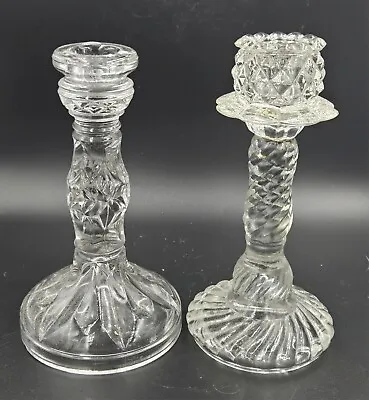 Buy Vintage Pair Of Clear Glass Candle Holder With Different Design  • 15.99£