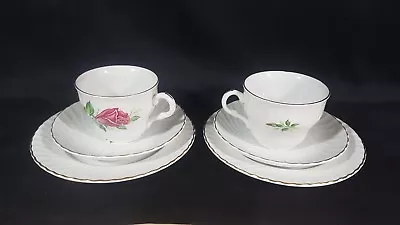 Buy Pair Of Barratts Delphatic Trios Cup Saucer Plate Pink Rose Gilded White China • 18.85£
