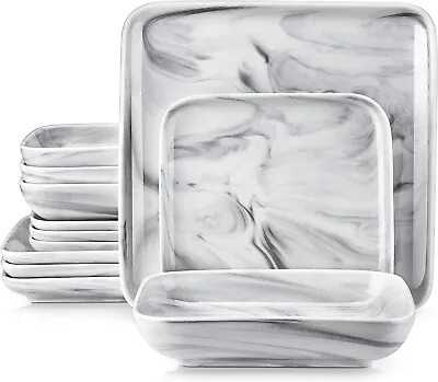 Buy Complete 12pc Dinner Set Porcelain Marble Crockery Square Large Plate Bowl For 4 • 69.99£