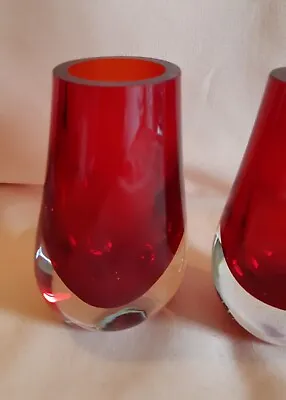 Buy Vintage Whitefriars Pair Of Small Ruby Red Heavy Glass Vases 5  Tall • 28£