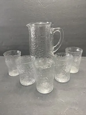 Buy RARE- L E Smith Glass  Crackled   By Cracky  Pitcher With 5 Glass • 48.25£