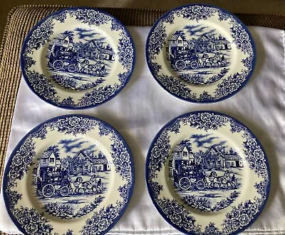 Buy 4-Royal Stafford Fine Earthenware Blue & White Coach Dinner Plates England 11” • 30.18£