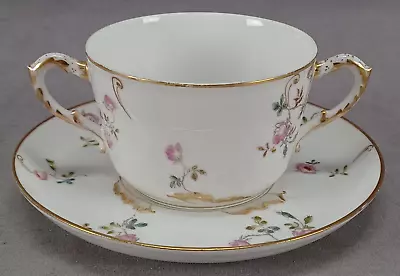 Buy GDM Limoges Hand Colored Pink Rose & Gold Bouillon Cup & Saucer C.1882-1900 A • 47.95£