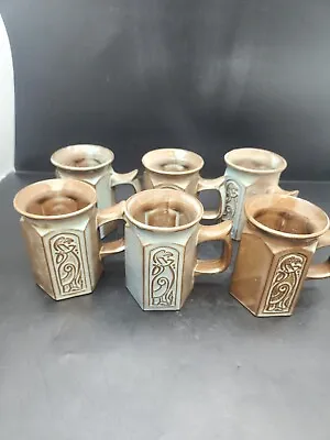Buy 6 TYN LLAN Celtic Pattern Brown Blue Stoneware Mugs Welsh Studio Pottery • 25£