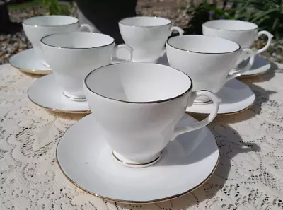 Buy Vintage Set Of 6 DUCHESS  ASCOT  Gold & White Cups & Saucers Fine Bone China • 19.95£