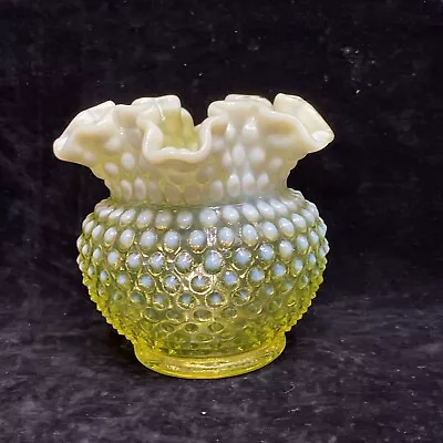 Buy Vintage Fenton Ruffle Edge Hobnail Yellow Opalescent Vaseline Glass Vase E7 • 42.62£