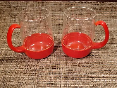 Buy 2 Vintage Pyrex Ware Drink Up Hot & Cold Glass Mugs Cups Orange Plastic Handles • 15.27£