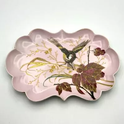 Buy Vintage Spanish Ware Ceramic Pink Tray Handpainted Gold Outlined Bird & Berries • 19.95£