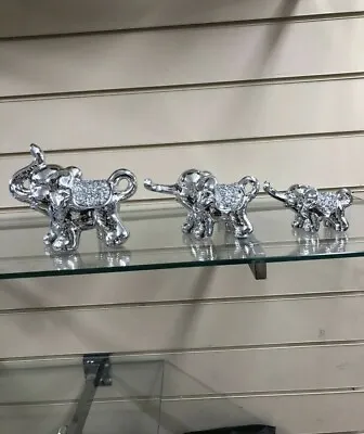 Buy SET OF 3 Silver Crushed Diamond Mille Elephant Family Ornaments Home Decor Shelf • 17.99£