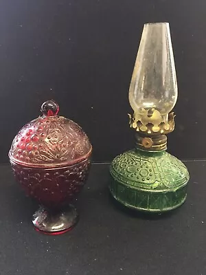 Buy Vintage Pressed Green Glass Sailboat Oil Lamp, And An AVON Red Glass Lidded Pot • 15£