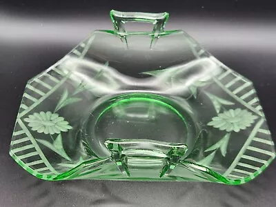 Buy Vintage Green Depression Glass Dish Bowl Handled Folded Sides Etched Flowers • 21.77£