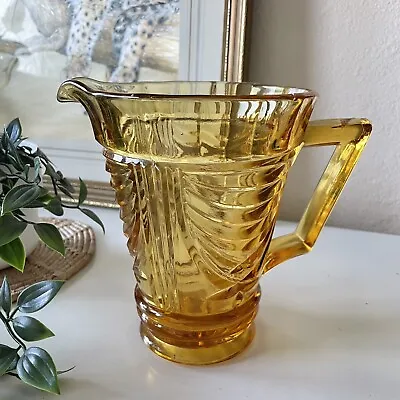 Buy Vintage Amber Glass Art Deco Jug Pitcher Vase Yellow Brown 6.5” Retro • 17.99£