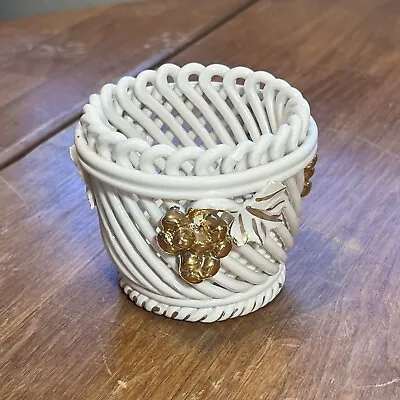 Buy Vintage  White Lattie Woven Candle Holder With Gold Grapes Ed Langbein Italy • 15.37£