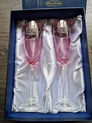 Buy Vintage Bohemia Crystal Henry Merchant Etched Ruby Wedding Champagne Flutes • 9.99£