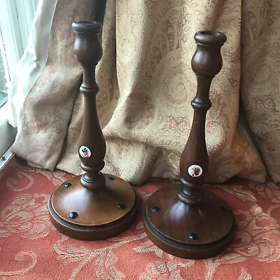 Buy Old Antique Pair Edwardian Mahogany Wooden Candlesticks Glass Inlaid Cameos Wood • 34£