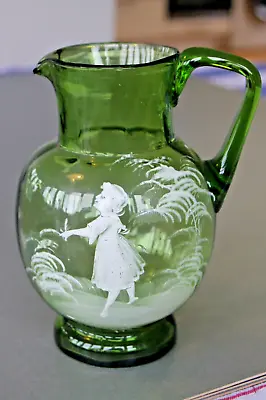 Buy Antique Green Bohemian Glass 'Mary Gregory' Style Jug Hand Blown Enamelled Girl • 14.99£