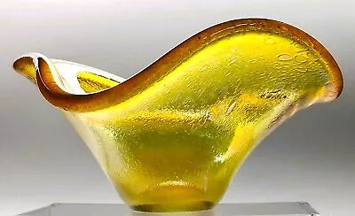 Buy Heron Glass Golden Yellow Oil Spot Iridescent Freeform Art Glass Bowl • 34.95£