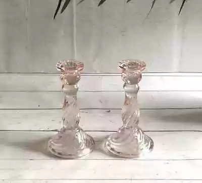 Buy 2 X Vintage Pink Twisted Glass Dinner Candle Candlestick Holders Table Decor Set • 14.95£