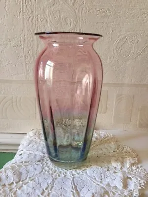 Buy Vintage Hand Blown Glass Vase Green Into Cranberry Shaded Heavy • 21.50£