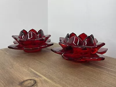 Buy Medium Size Red Glass Lotus Flower Tea Light Candle Holders Matching Pair ( X2 ) • 13.50£