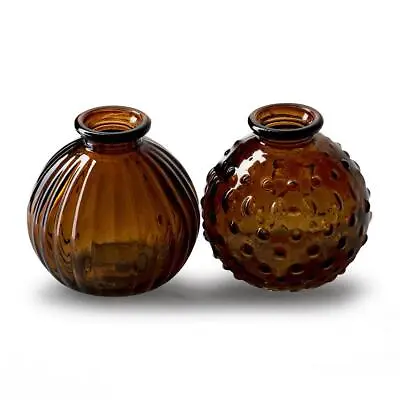 Buy Pair Of Small Brown Cedar Glass Jive Bud Vases, Round Textured Wedding Vases • 8£