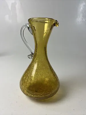 Buy VTG Pitcher Vase Amber Gold Crackle Glass Clear Applied Handle 7.5  Hand Blown • 22.67£