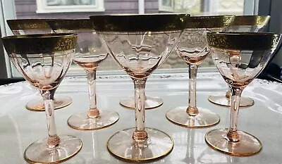 Buy 1930's Art Deco Pink Gold Encrusted Cocktail Wine Tiffin Rambler Rose Glass-12 • 75.59£