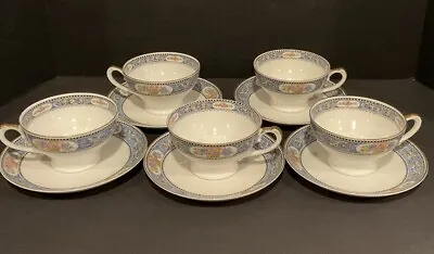 Buy 5 Vintage Hutschenreuther Selb Bavarian Cups And Saucers, Blue Scroll & Flowers • 45.05£
