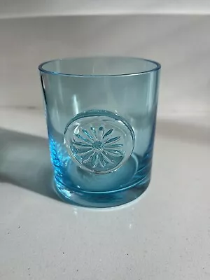 Buy Turquoise Blue Glass Tumbler / Tea Light Holder With Flower Motif • 4£
