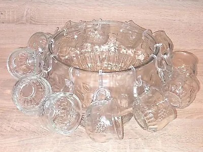 Buy Vintage Jeanette Pressed Glass Embossed Fruit Motif Punch Bowl 12 Cups And Hooks • 29.99£
