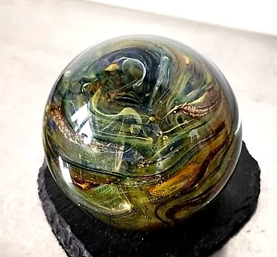 Buy Isle Of Wight Glass Paperweight Aurene Colourway With Sig Flame Pontil Mark • 35£