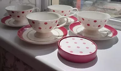 Buy LAURA ASHLEY CUP AND SAUCER DARCEY PINK SPOT  & WHITE X 4 & Coasters • 39.99£