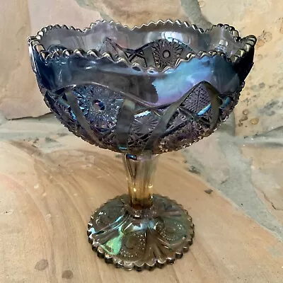 Buy Vintage IMPERIAL CARNIVAL GLASS IRIDESCENT AMETHYST SAWTOOTH EDGE COMPOTE 8x8” • 48.14£